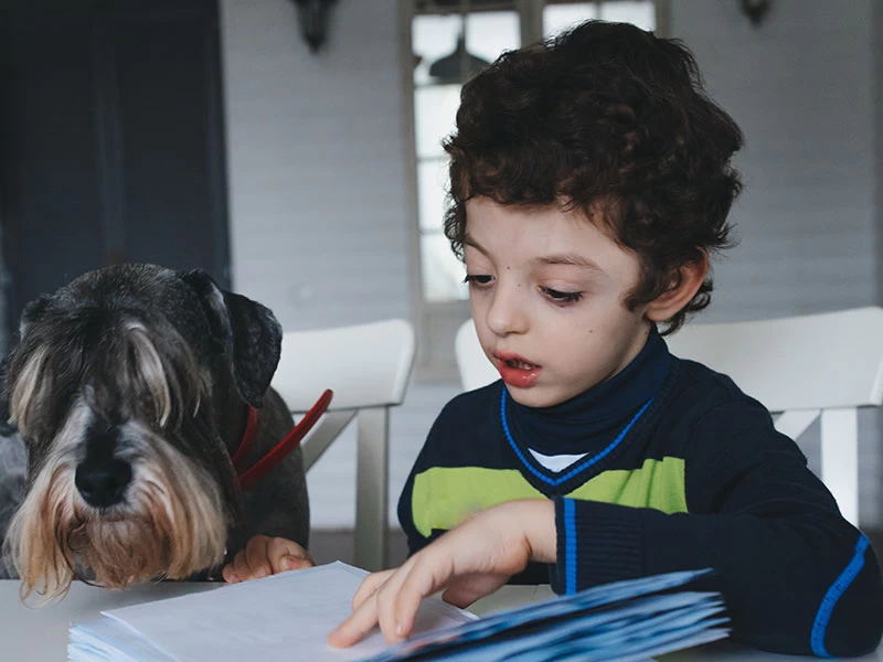 Young boy and his dog reading