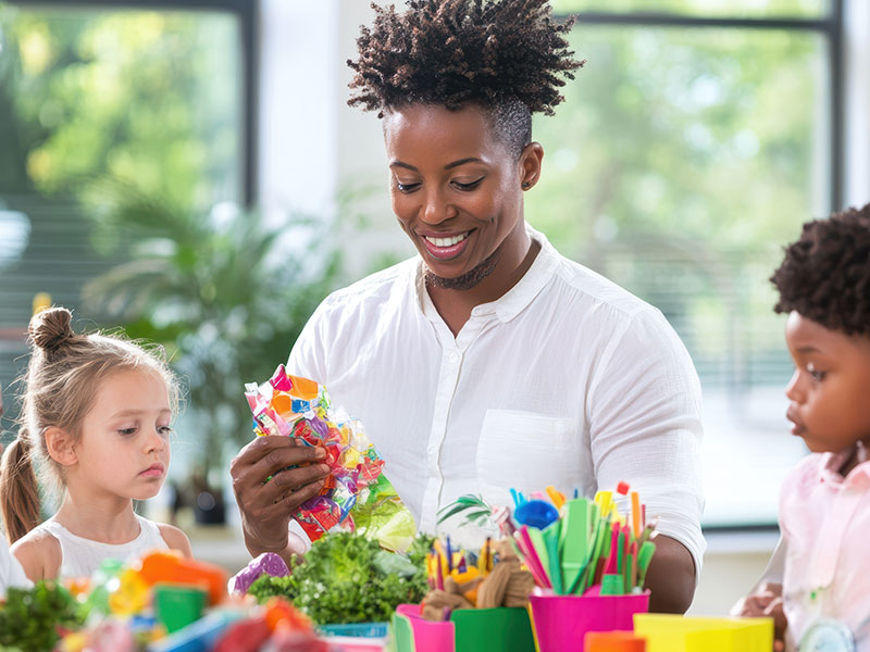 Art teacher and children