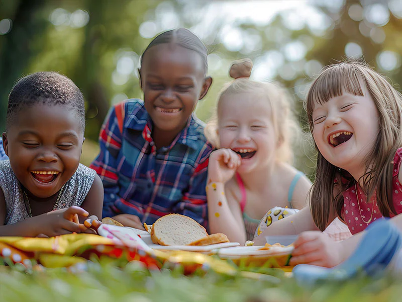 Four children outside laughing