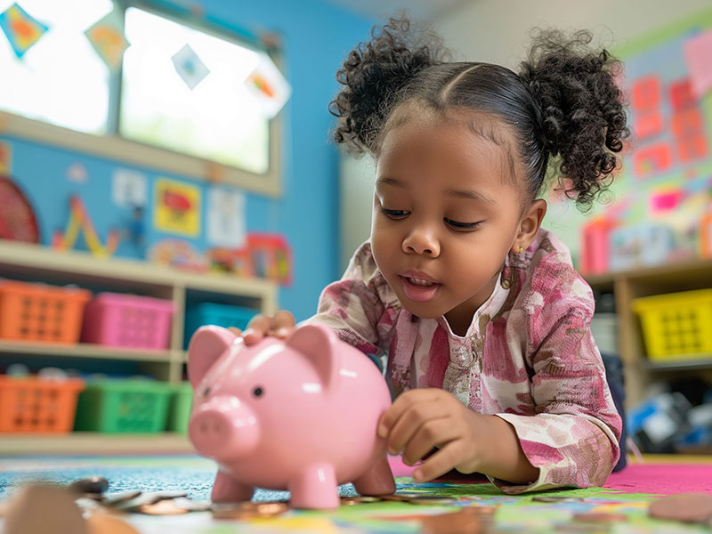 Little girl with a piggy bank